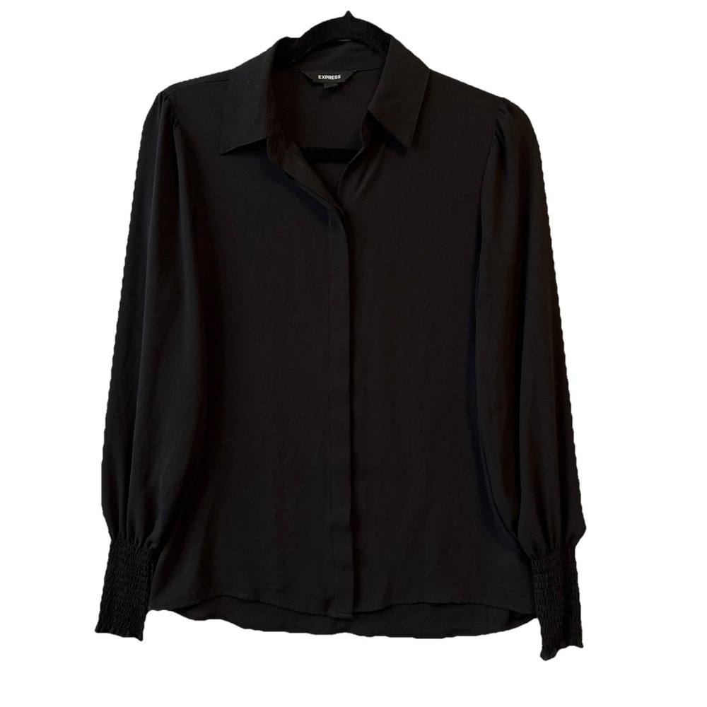 Express Long Sleeve Button Up Blouse‎ Smocked Cuffs Black Women's XS Whimsigoth